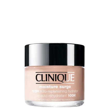 Frasco de hidratante facial Clinique Moisture Surge 100H Auto-Replenishing Hydrator, com embalagem preta e branca, destacando o nome da marca e as principais características do produto.