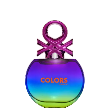 Frasco de perfume Benetton Colors, com formato arredondado e tampa em formato de estrela, em tons vibrantes de roxo, azul e verde, com o nome "COLORS" em destaque.