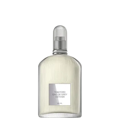 Frasco de perfume Tom Ford Eau de Grey Vetiver, com design de vidro estriado e tampa prateada. Rótulo branco com o nome da fragrância em letras pretas. Embalagem elegante e minimalista, com volume de 50 ml.