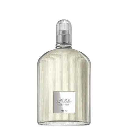 Frasco de perfume Tom Ford Eau de Grey Vetiver, com design de vidro estriado e tampa prateada. Rótulo branco com o nome da fragrância em letras pretas. Embalagem elegante e minimalista, com volume de 100 ml.
