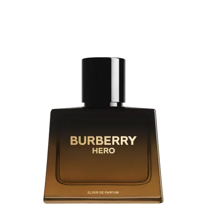Frasco  preto e dourado em gradiente com rótulo em letras douradas exibindo o texto "BURBERRY HERO".