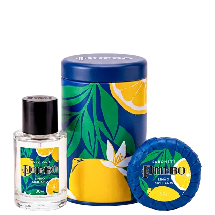 Conjunto de produtos de perfumaria da marca Phebo, incluindo um frasco de colônia, um sabonete em barra e uma lata decorativa, todos com design tropical em tons de azul, verde e amarelo.