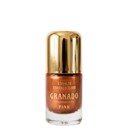 Frasco de esmalte da marca Granado, com tampa dourada, rótulo com texto "Esmalte Fortalecedor ".