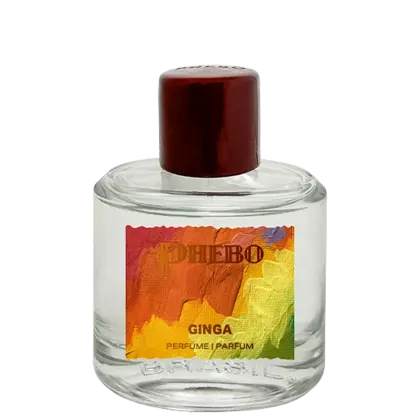 Frasco de item de perfumaria da marca Phebo, com rótulo em fundo colorido com pinceladas de verde, laranja e amarelo, contendo a palavra "Ginga" em destaque.