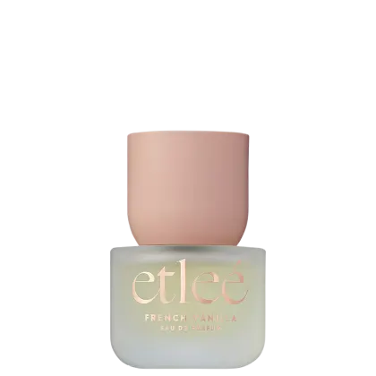 Frasco de perfume Etleé French Vanilla, com embalagem em tons de cinza e rosa claro. O rótulo destaca o nome da marca em letras douradas.
