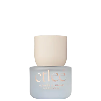 Frasco de perfume Etleé Flower & Sugar com texto em relevo dourado, com tampa bege