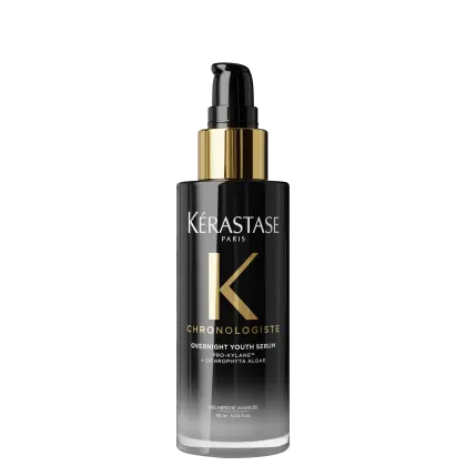 Frasco de sérum para cabelos Kérastase Chronologiste Overnight Youth Serum, com embalagem preta e dourada, contendo 90 ml do produto.