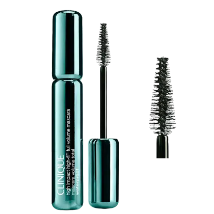 Frasco de máscara de cílio Clinique High-Impact Curling Mascara em embalagem preta e verde, com escova de cerdas para alongamento e definição dos cílios.