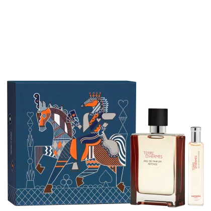 Caixa azul-marinho com ilustração gráfica colorida e frascos de perfume Terre d'Hermès Eau de Parfum Intense, com embalagem e rótulos característicos da marca Hermès.