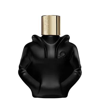 Frasco de perfume preto fosco com tampa dourada da marca United Colors of Benetton. Embalagem minimalista e elegante, com o nome da marca em destaque no topo.