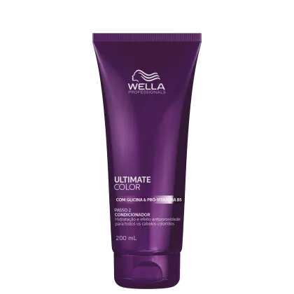 Frasco de condicionador da linha Ultimate Color da Wella Professionals, com 200 ml de volume, embalagem roxa com logo da marca, contendo informações sobre os benefícios do produto.