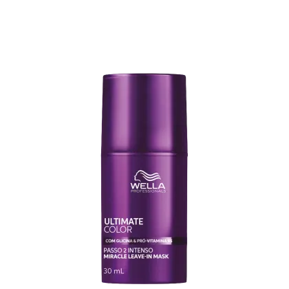 Frasco de máscara capilar da marca Wella Professionals, na cor roxa, com rótulo indicando "Ultimate Color" e "Passo 2 Intenso Miracle Leave-In Mask", com 30 ml de volume.