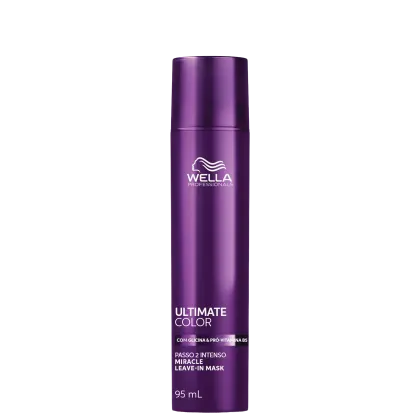 Frasco de máscara capilar da marca Wella Professionals, na cor roxa, com rótulo indicando "Ultimate Color" e "Passo 2 Intenso Miracle Leave-In Mask", com 95 ml de volume.
