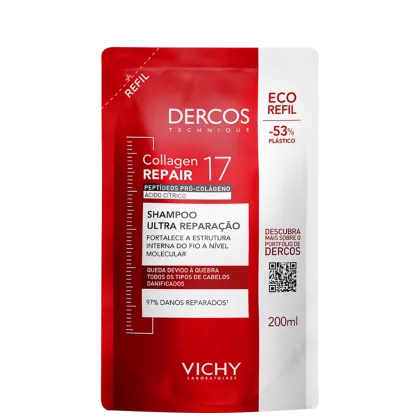 Frasco de shampoo da marca Dercos Technique, na cor vermelha, com rótulo branco destacando "Collagen Repair 17" e "Shampoo Ultra Reparação", com informação sobre refil e redução de plástico.