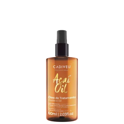 Frasco de óleo capilar Cadiveu Professional Açaí Oil, com 60ml, em embalagem de vidro âmbar com rótulo branco e laranja destacando o nome do produto e sua função.