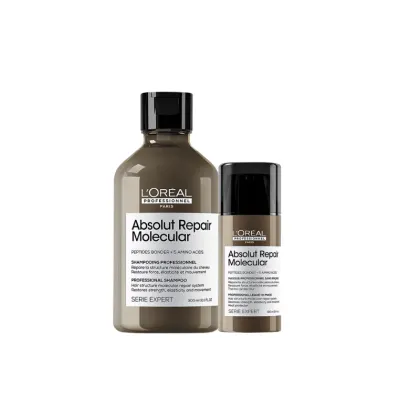 A imagem mostra um kit contendo um shampoo e um leave-in, ambos da linha Absolut Repair Molecular de L'Oréal Professionnel. Possuem o frasco com a cor marrom e tampa preta.