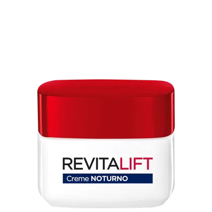 Creme noturno da linha Revitalift da L'Oréal Paris, em embalagem branca e vermelha, com o nome do produto destacado em letras pretas e azuis.