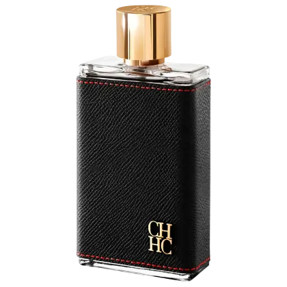 Frasco de perfume Carolina Herrera em embalagem preta com detalhes em vermelho, tampa dourada com logotipo CHHC. Recipiente de vidro com design elegante e sofisticado.