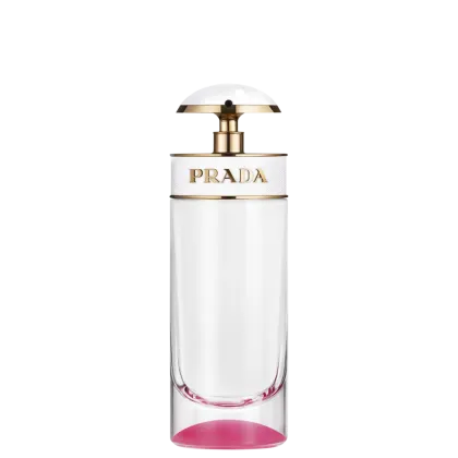 Frasco de perfume Prada com design elegante em branco e dourado. Recipiente cilíndrico com tampa arredondada e detalhes metálicos. Rótulo com o nome da marca em destaque.