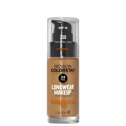 Frasco de maquiagem Revlon Colorstay de 30 ml, com SPF 15 e tonalidade "Natural Tan". Rótulo indica que o produto é de longa duração e adequado para peles mistas/oleosas.