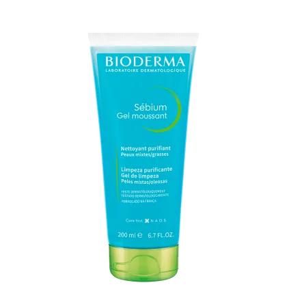 Frasco de gel de limpeza purificante Sebium da Bioderma, com 200 ml, em embalagem com predominância de cores azul e verde, indicado para peles mistas/oleosas.