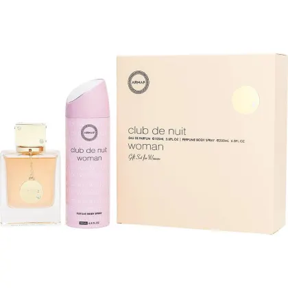Conjunto de perfume feminino Club de Nuit, composto por frasco de perfume e frasco de spray corporal, em embalagem bege com logotipo da marca Armaf. 