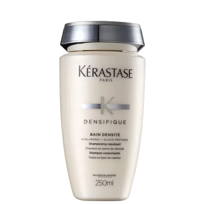 Frasco de shampoo Kérastase Densifique Bain Densite, com 250ml de capacidade, em embalagem branca e prata, com rótulo destacando os ingredientes-chave de ácido hialurônico e gluco-peptídeos.