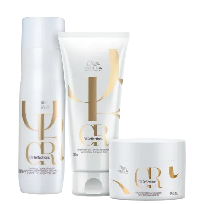 Produtos da linha Oil Reflections da Wella Professionals, incluindo shampoo, condicionador e máscara, em embalagens brancas com detalhes dourados, exibindo o logotipo da marca.