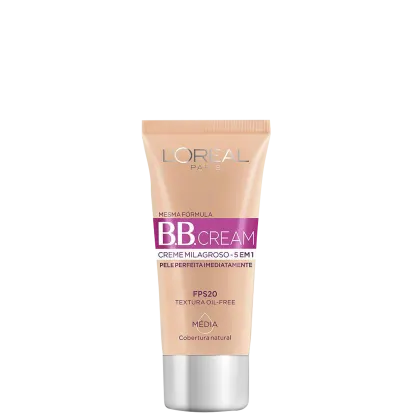 Tubo de BB Cream da L'Oréal Paris, com fórmula 5 em 1 e textura oil-free, na cor média, com FPS 20 e cobertura natural.