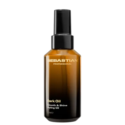 Frasco de óleo escuro da marca Sebastian Professional, com rótulo em preto e dourado, contendo "Dark Oil Smooth & Shine Styling Oil" como descrição do produto.