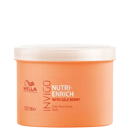 Pote de máscara capilar Wella Professionals Nutri-Enrich com Goji Berry, embalagem laranja com rótulo branco, contendo 500 ml do produto.