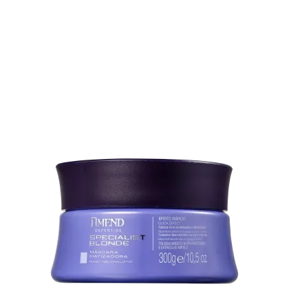 Embalagem de máscara matizadora da linha Specialist Blonde da Amend Cosméticos, em frasco de 300g com rótulo em tons de roxo e azul, destacando o efeito rápido e neutralizador de tons amarelados em cabelos loiros.