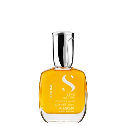 Frasco do óleo da linha Semi di Lino da Alfaparf Milano, com design elegante em vidro transparente e tampa metálica. O rótulo apresenta o nome da linha em letras brancas sobre fundo amarelo.