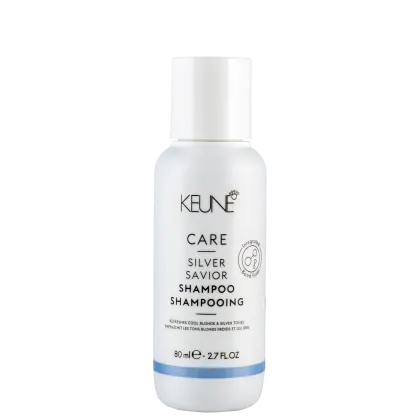 Frasco branco de 80 ml do Shampoo Silver Savior da linha Care da Keune, que promove tons frios e prateados em cabelos loiros e grisalhos.