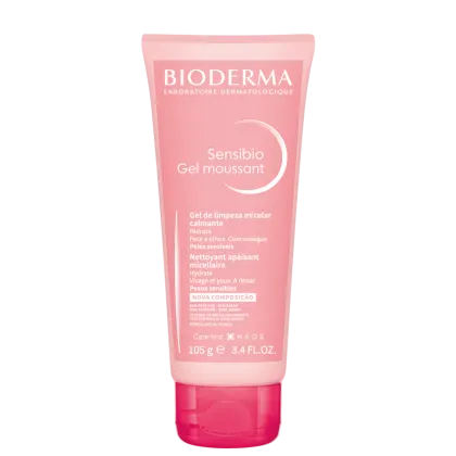 Tubo rosa de gel de limpeza micelar da marca Bioderma, com rótulo indicando "Sensibio Gel moussant" e informações sobre o produto em francês.