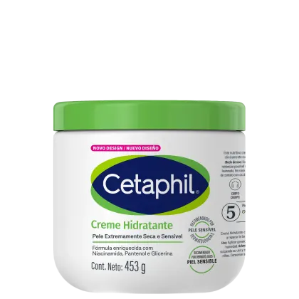 Creme hidratante Cetaphil para pele extremamente seca e sensível, com fórmula enriquecida com niacinamida, pantenol e glicerina, em embalagem plástica branca com tampa verde e rótulo azul e verde.