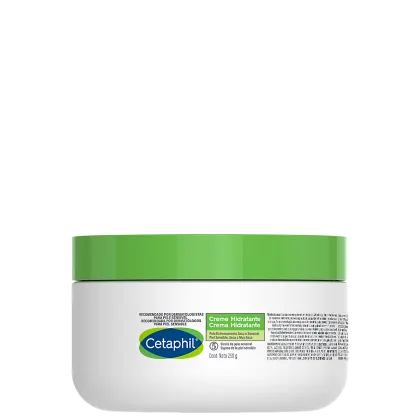 Creme hidratante Cetaphil em embalagem plástica branca e verde, com rótulo destacando os benefícios para pele sensível. Produto recomendado por dermatologistas, com 250g de conteúdo.