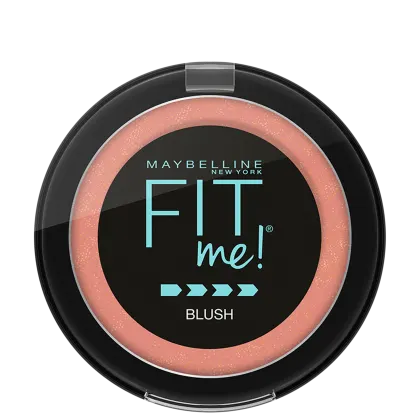 Embalagem redonda compacta preta com detalhes em azul. Logotipo "Fit me!" em letras turquesas, com a palavra "Blush" abaixo. Design minimalista e moderno.