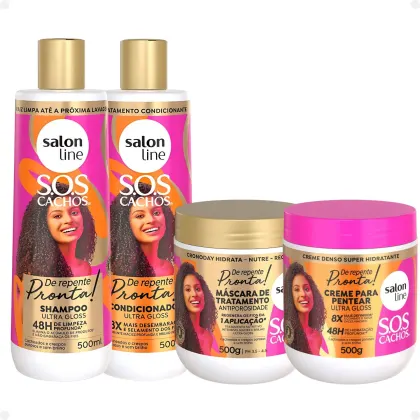 Kit Salon Line Sos Cachos De Repente Pronta! com Shampoo 500ml, Condicionador 500ml, Máscara 500g e Creme para Pentear 500g