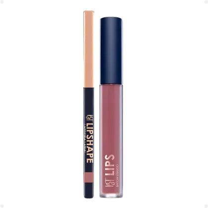 Conjunto de produtos de maquiagem da marca Bruna Tavares, composto por um lápis de contorno labial e um batom líquido em embalagens de design minimalista