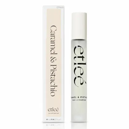 Frasco de perfume Etleé, contendo 10 ml de "Caramel & Pistachio" Eau de Parfum. Caixa retangular ao lado
