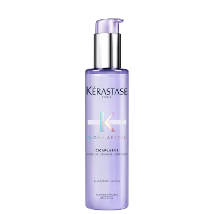 Frasco de tratamento capilar Kérastase Blond Absolu Cicaplasme, com embalagem roxa e detalhes em prata, contendo 150 ml do produto. Rótulo com informações sobre os ingredientes e benefícios do tratamento.
