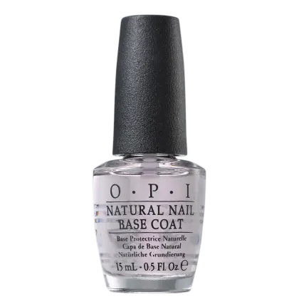 A imagem mostra o produto "O.P.I NATURAL NAIL BASE COAT", com volume de 15ml, com frasco de vidro transparente com tampa preta.