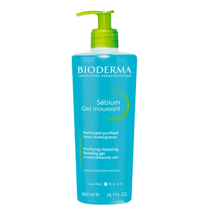 Frasco de gel espumante Bioderma Sébium, com bomba dosadora, 500 ml.