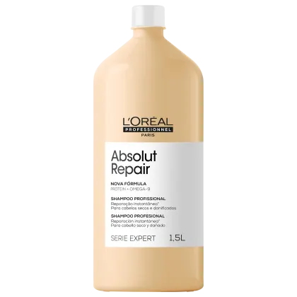 Frasco de item de perfumaria da marca L'Oreal Professionnel, com rótulo branco e amarelo claro. Contém 1,5 litros de "Absolut Repair" - um shampoo profissional para cabelos secos e danificados, com fórmula à base de proteínas e ômega-9.