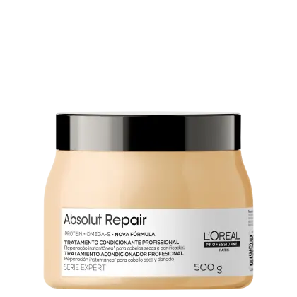 Tratamento condicionador profissional Absolut Repair da L'Oréal Professionnel, em embalagem de 500g, com fórmula à base de proteína e ômega-9 para reparação instantânea de cabelos secos e danificados.