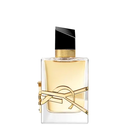 Frasco de perfume Yves Saint Laurent com design elegante e moderno. Embalagem de vidro transparente com detalhes em preto e dourado, destacando o logotipo da marca.
