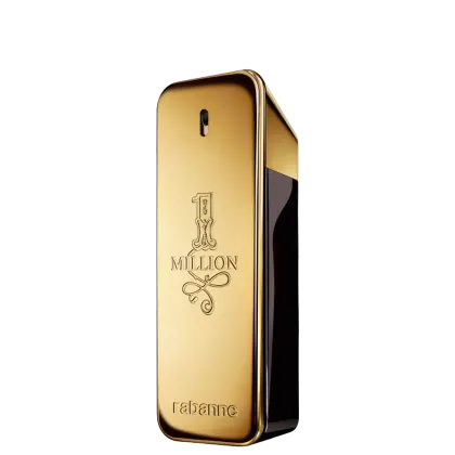 Frasco de perfume dourado com rótulo "1 Million" da marca Paco Rabanne, em formato retangular com detalhes decorativos.