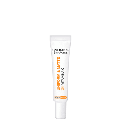 Tubo branco de 15g da linha Garnier SkinActive, com rótulo em preto e laranja exibindo o nome "Uniforme & Mate" e informações sobre o produto.