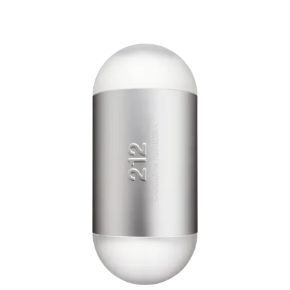Frasco de perfume Carolina Herrera 212 em formato oval, com superfície prateada e detalhes em branco. O rótulo exibe o nome da fragrância em letras grandes.